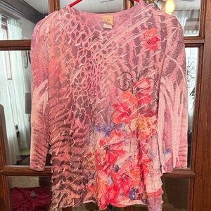Women's Pink Patterned Blouse Ruffle Mixed Print  Texture Size Large